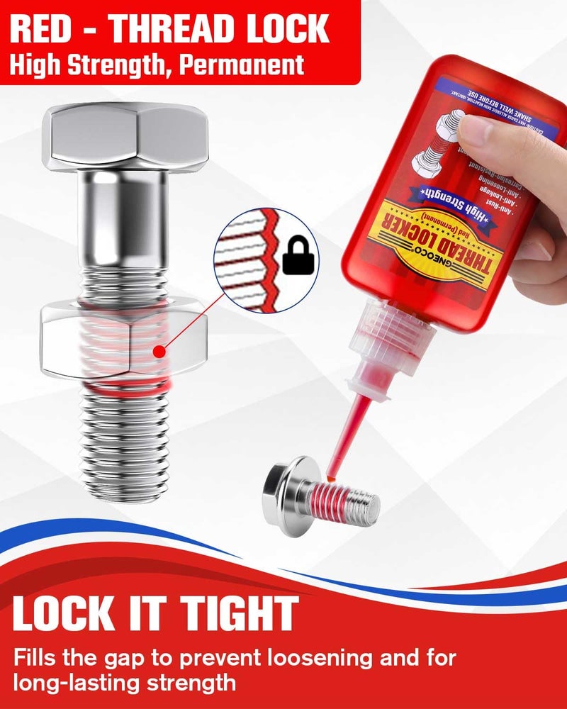 GNEOCO Thread Lock Red 1.69 Fl oz/50 ml, Threadlocker High Strength, Thread Locker for Nuts, Bolts, Fasteners and Metals, Anaerobic Curing Screw Glue to Prevent Loosening (Red (Permanent)) - Image 2